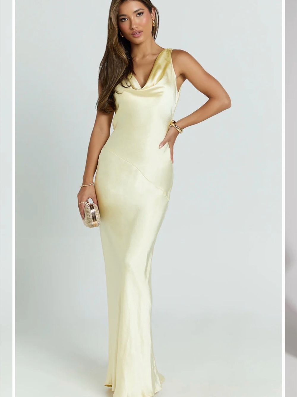 Hello Molly Satin Pale Yellow Cowl Neck Maxi Dress